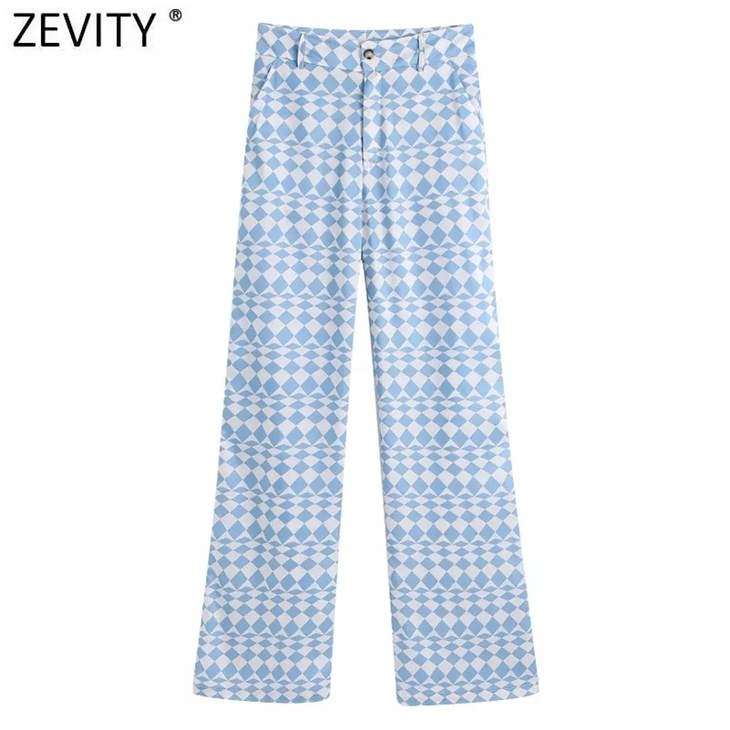 Women Vintage Blue Geometric Print Straight Pants Office Ladies Zipper Fly Chic Business Casual Long Trousers P1031 210416