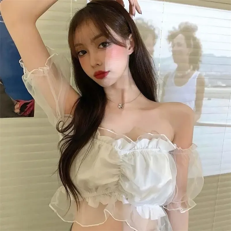 Summer Sexy Lovely Ruffle Corset Women White Crop Top Daily Slim Tanks Female Harajuku Korean Short Blouses Clubwear Pulovers 210421