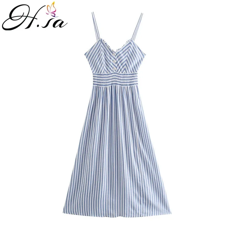 Hsa Women Summer Dresses Sleeveless Strap Vestidos V neck Blue AND White Striped Casual Pleated Summer Robe Boho 210716