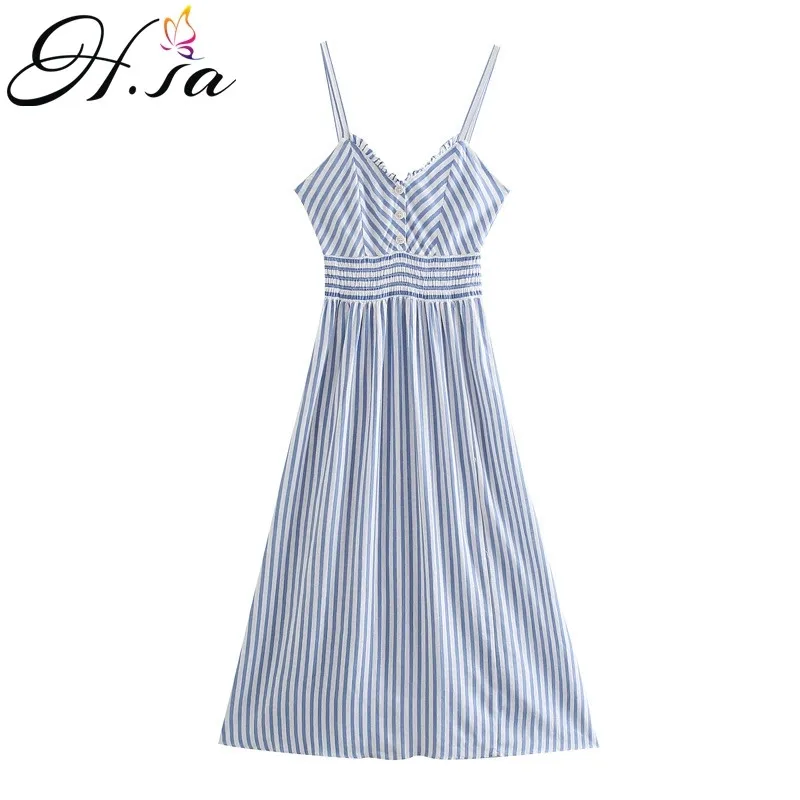 Hsa mujeres vestidos de verano sin mangas correa vestidos con cuello en v azul y blanco rayas casual plisado verano bata boho 210716