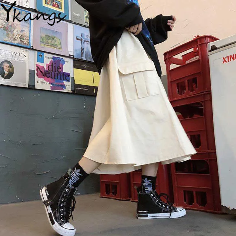 Gothic Black High Elastic Waist Harajuku Long Skirt Korean Casual Women Big Pocket Cargo Midi skirt Vintage Hip Hop Streetwear 210619