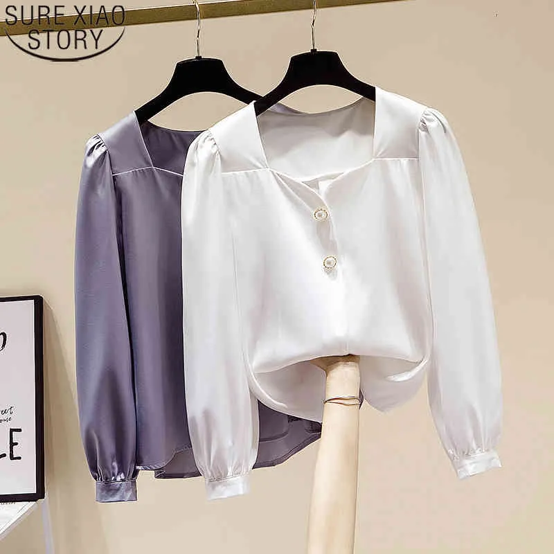 Elegante Button Up Shirts Dames Chiffon Shirt Tops Dames Spring Square Collar Long Puff Sleeve Fashion Blusas 13464 210417
