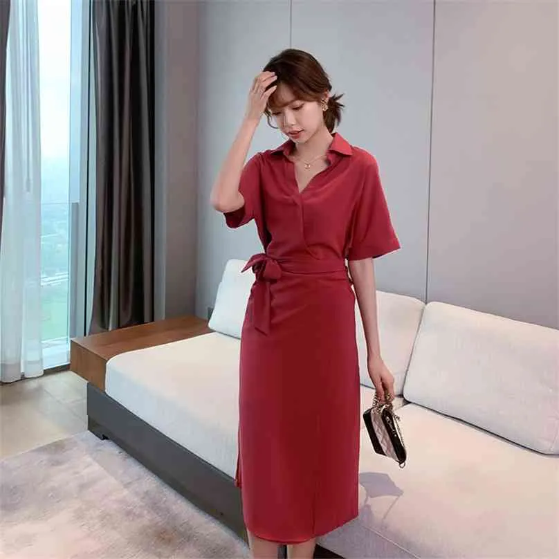 Röd midi klänning för wome sommar kortärmad v nacke polyester damer kontor glada party klänningar 210602