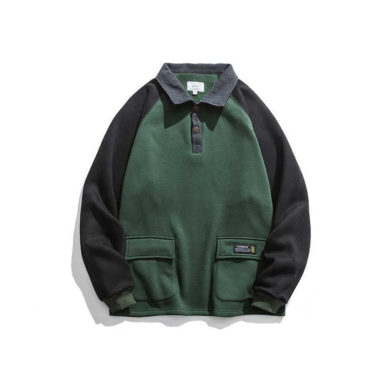 Herbst japanischer Sweatshirt Herren Black Campus Pullover Streetwear Casual Mode Turndown Collar Hohe Qualität Baumwolljacke 210603