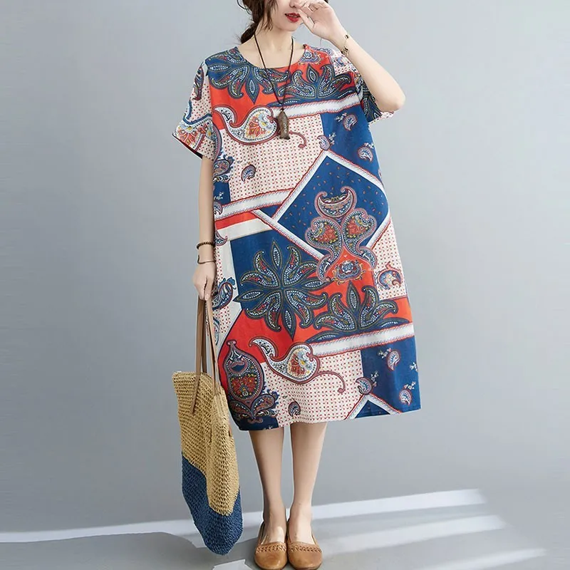 Surdimensionné Femmes Coton Lin Casual Robe Nouvelle Arrivée Été Indie Folk Style Vintage Imprimer Lâche Femme Robes Longues S3574 210412