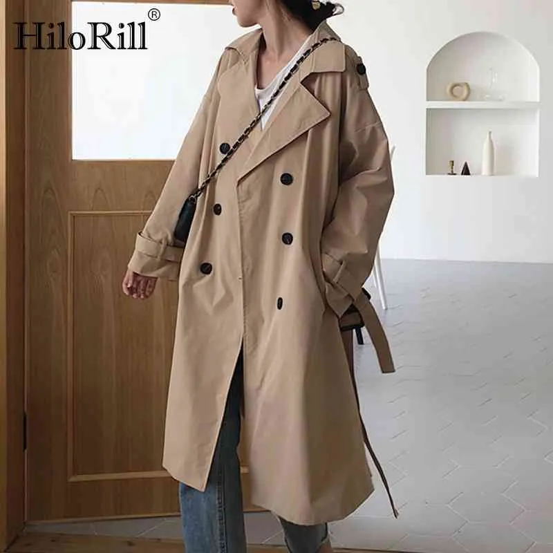 Elegant Kantoor Solid Long Trench Coat Vrouwen Batwing Mouw Losse Dames met Riem Casual Wide Taille 210508