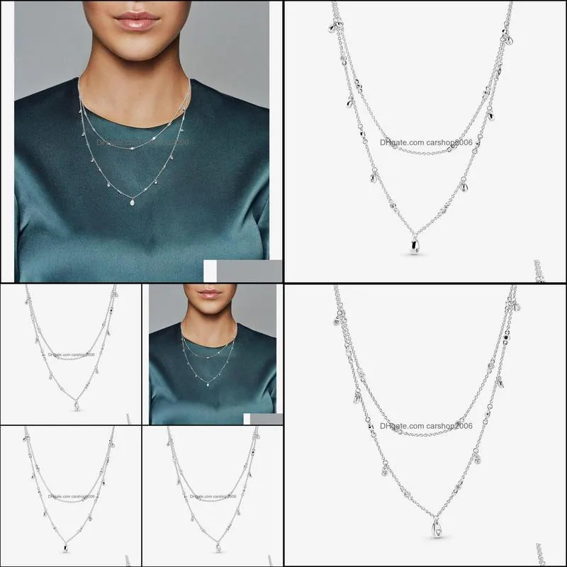 100% 925 Sterling Silver Layered Chains necklace Cascade of Drops Fit European Pendants and Charms Fine Jewelry Gift