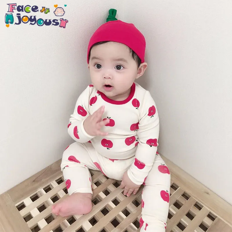 아기 의류 세트 소녀 잠옷 발렌타인 데이 3 피스 정장 유아 아이들 소년 가정 세트 애플 인쇄 잠옷 옷 210413