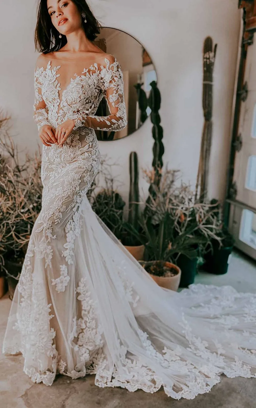 Boho Mermaid Bohemian Wedding Dress With Sheer Floral Lace, Long