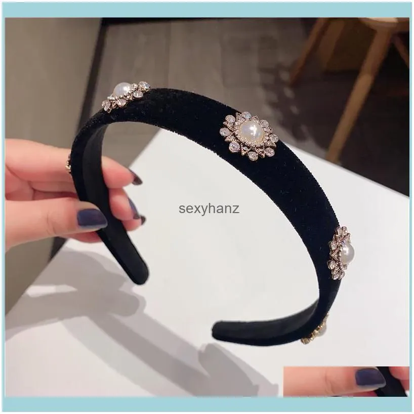 Personality Vintage Style Black Hairband Wedding Party Classic Hair Band for Bride Fashion Pearl Rhinestone Women Headband