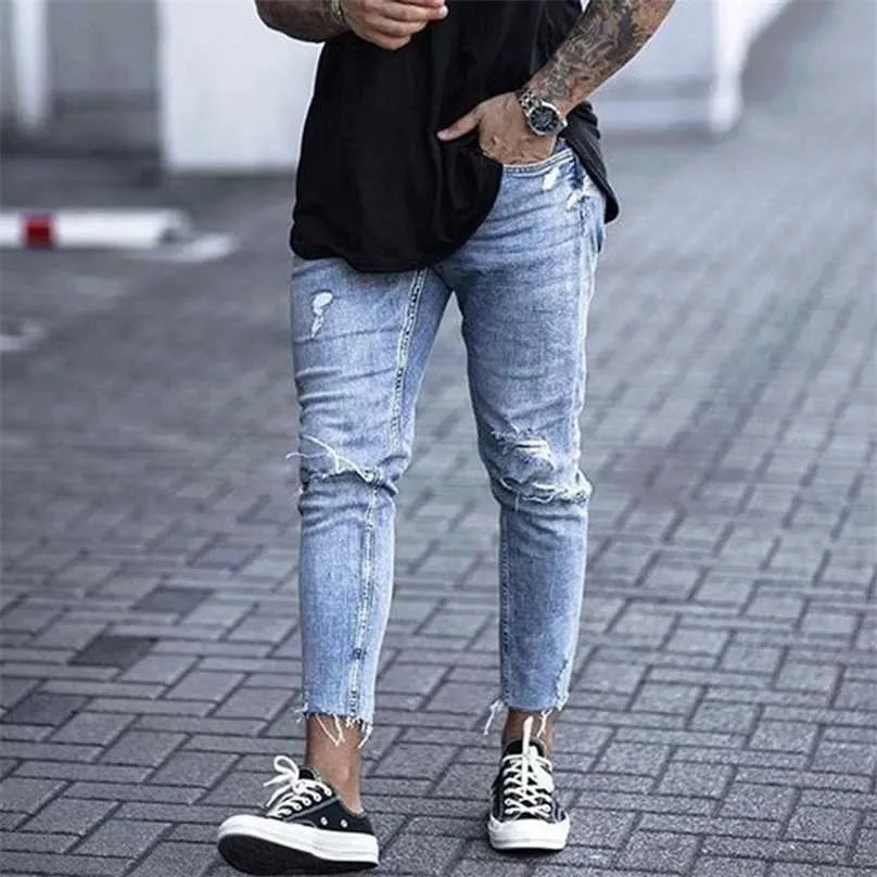 Casual Jeans Skinny Ankle Comprimento Rasgado Denim Pant Zipper Fly Homens Corte Corte De Corte Lápis Lápis Lápis Azul Cowboys Streetwear 211111