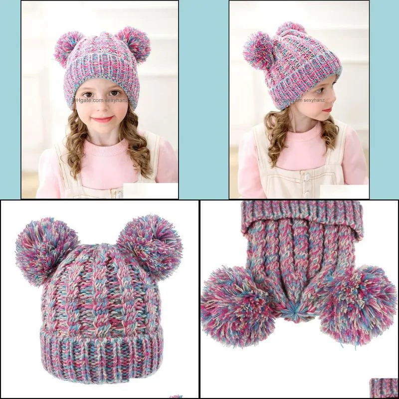 Kid Knit Crochet Beanies Hat Girls Soft Double Balls Winter Warm Hat 12 Colors Outdoor Baby Pompom Ski Caps GWE2902