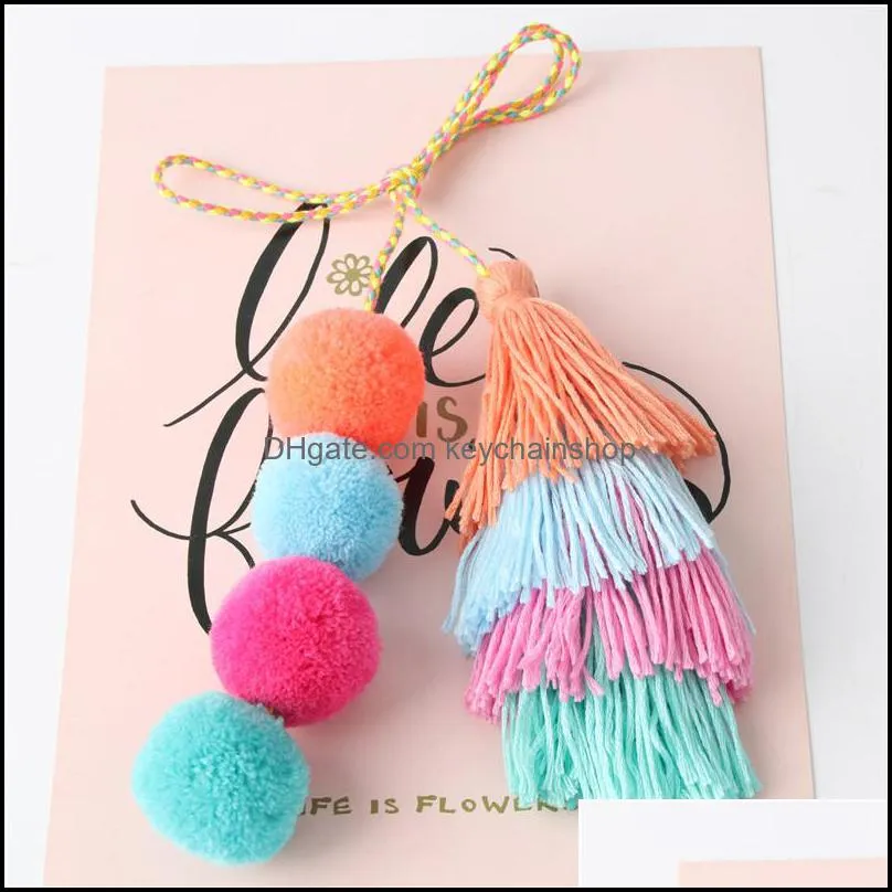 1 Pc Handmade Pom Pom Colorful 4 Layered Tassel Keychain Bag charms Gradient Colors Key Holder Boho Jewelry Gift for women