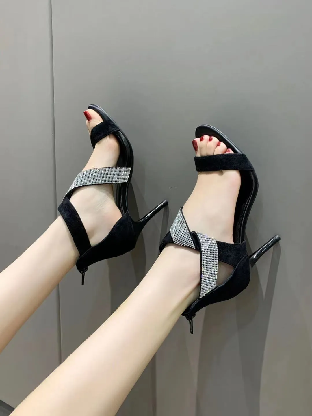 stylishbox ~ high quality! 21041703 black suede rhinestone sandals cross ankle bling shiny 8cm heels sexy party genuine leather