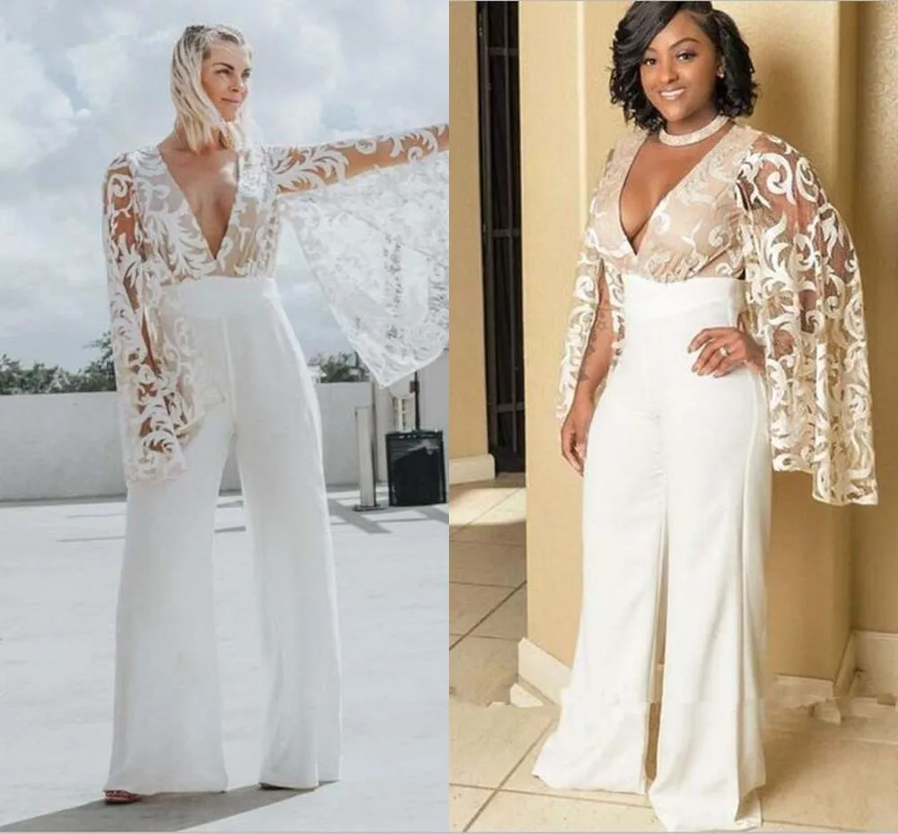 Custom Made 2021 White Chiffon Lace Lace Top Jumpsuit With Scalloped V Neck  And Long Sleeves Perfect For Evening Events, Proms, And Parties Available  In Plus Sizes From Suelee_dress, $108.46 | DHgate.Com