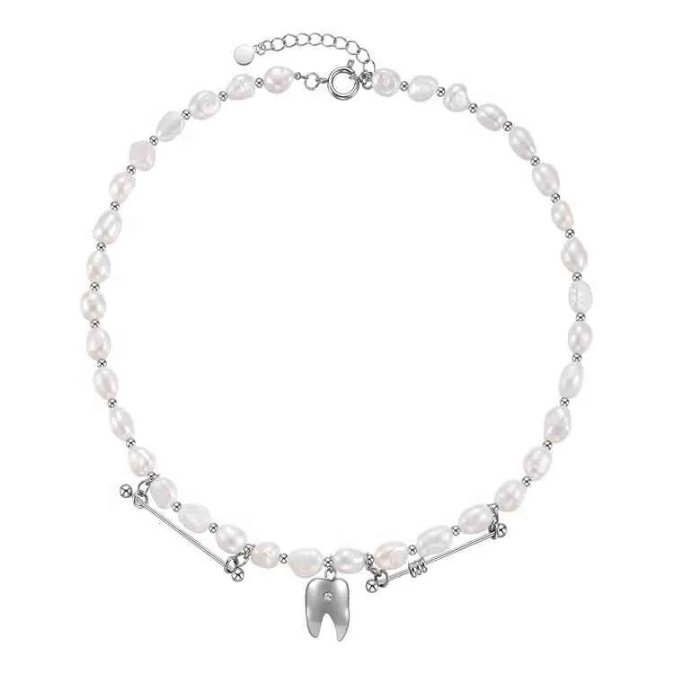 Latt Högkvalitativ Mode Stainls Stål Smycken Naturlig Pearl Tooth Pendant Zircon Accsori Halsband P213273