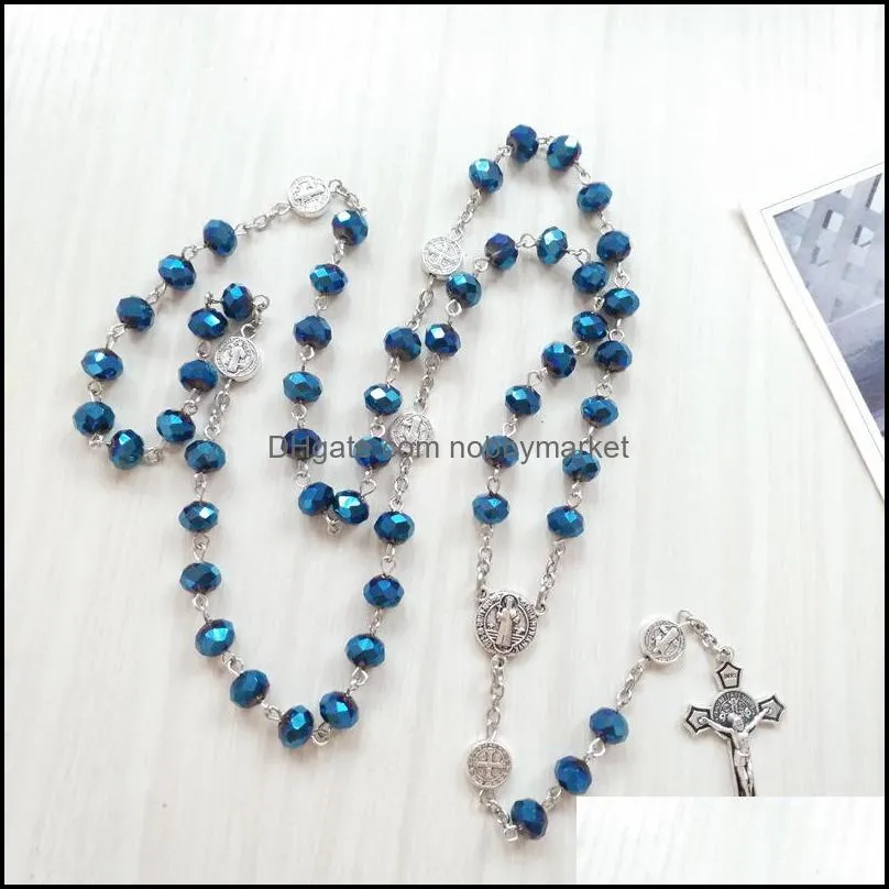 Catholic Jewelry Long Cross Crystal Rosary Necklace