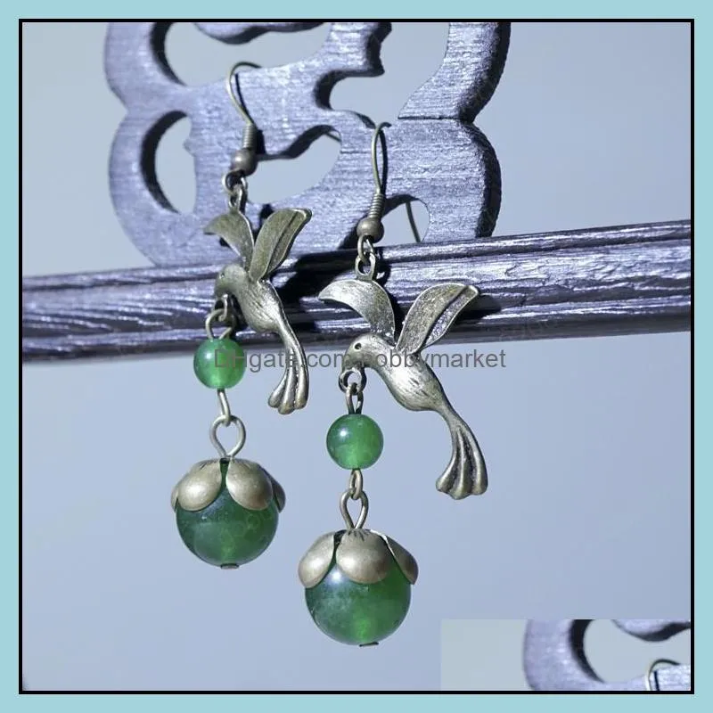 vintage ethnic jewelry fly birds dangle earrings fashion chalcedony beads vintage earrings green new stones ethnic earrings