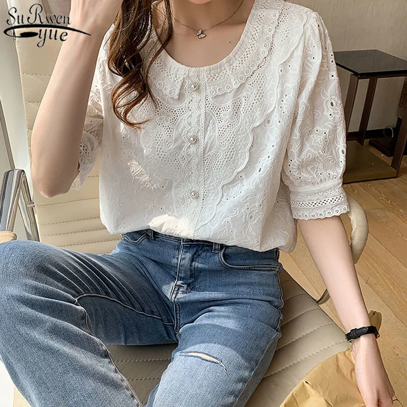 Sommar Kvinnors Blus Koreanska Mode Vintage Lace Shirt Solid Short Sleeve Ruffled Top och Camisa 14193 210427