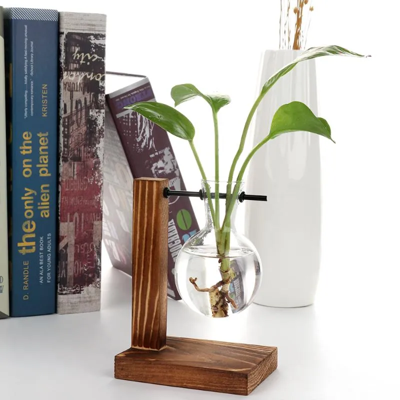 Vasi da scrivania in vetro da appendere per piante, vaso a bulbo con supporto, supporto girevole in metallo retrò in legno, decorazione per la casa