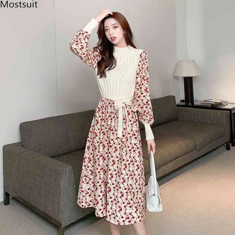 春の秋のドレスの女性長袖ニットパティックワークレースアップヴィンテージエレガントプラスサイズのドレス韓国のvestidos de Mujer 210518