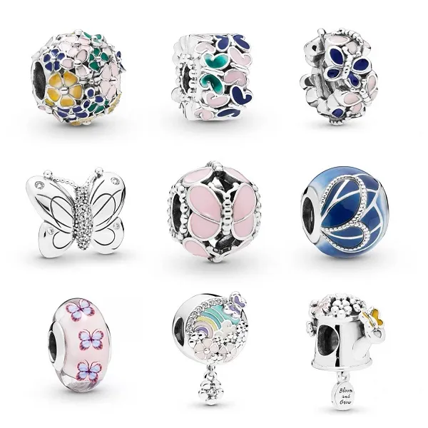 Serve para Pandora 925 Pulseira de Prata Esterlina Esmalte Borboleta Magnólia Margarida Flor de Pêssego Contas Penduradas Charms Para Corrente de Charm Cobra Europeia Moda Jóias DIY