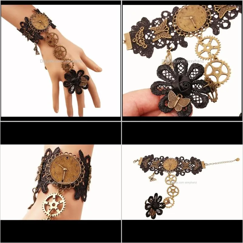 popular new european and american retro black lace bracelet women`s steam engine gear bracelet with