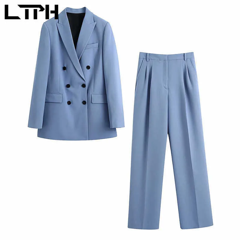 LTPH Zweireiher Blazer Jacke Vintage Business Casual 2 Stück Set Frauen Anzüge Formelle Hosen Outfits Frühling Herbst 210927