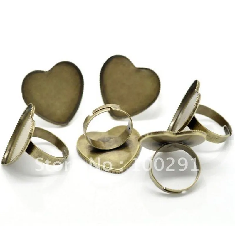 100 Bronze Tone Adjustable Heart Ring Settings 25mm
