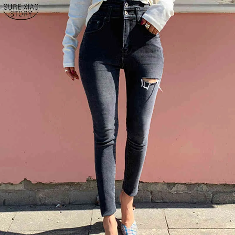 Elastik Kalem Pantolon Mujer Sonbahar Yüksek Bel Skinny Denim Rahat Artı Boyutu Kadınlar Için Yırtık Kot 10398 210415