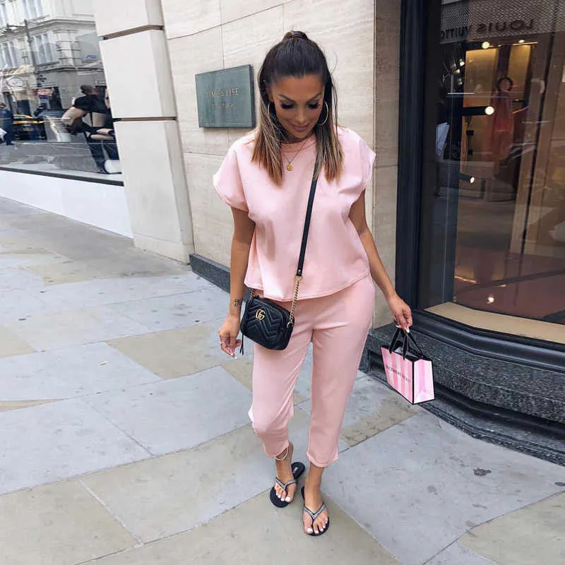 Lounge Wear Summer Pink Two Piece Outfits Pants Set Tracksuit