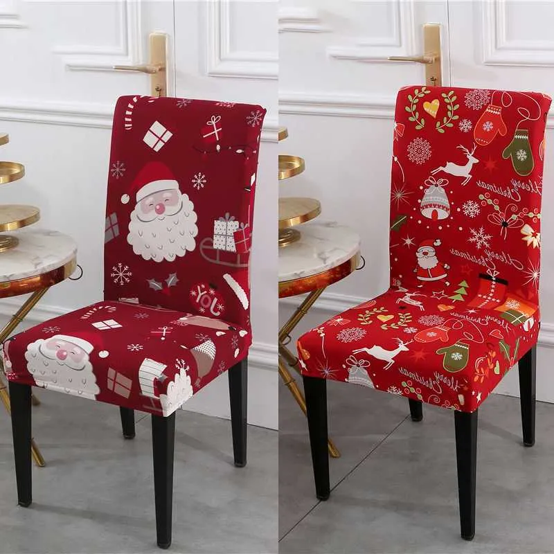 Stolskydd 2021 års inredning matsal täcke jul snögubbe Santa Claus elastiska slipcover sitsfodral köksbröllop