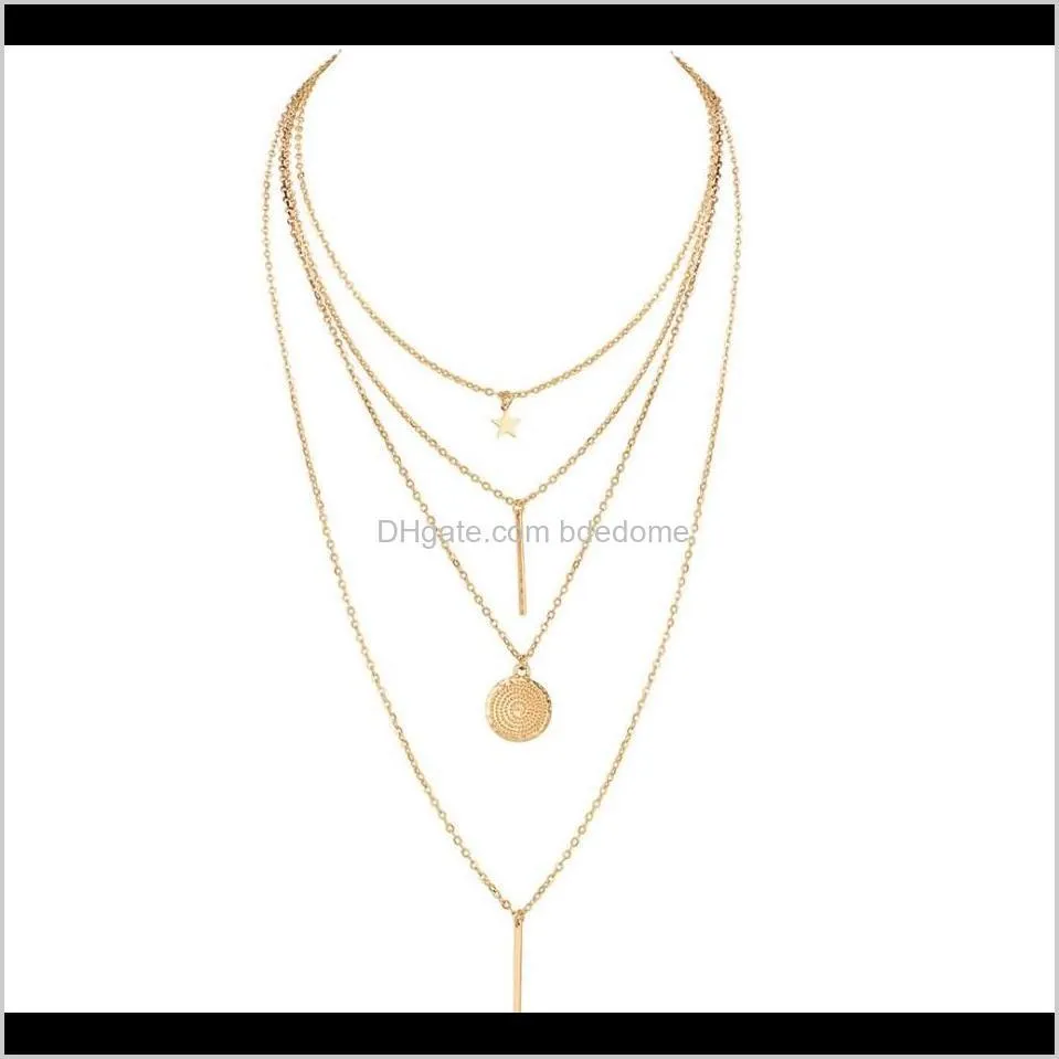 fashion necklace star bar disc pendant four layer necklace gold color plated metal chain woman necklace