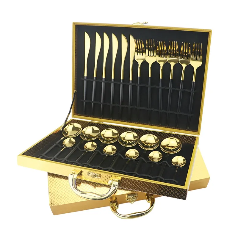 24 stks Black Servies 18/10 Roestvrijstalen bestek Vorkmes Lepel Servies Lorpen Silverware Set Geschenkdoos 778 B3