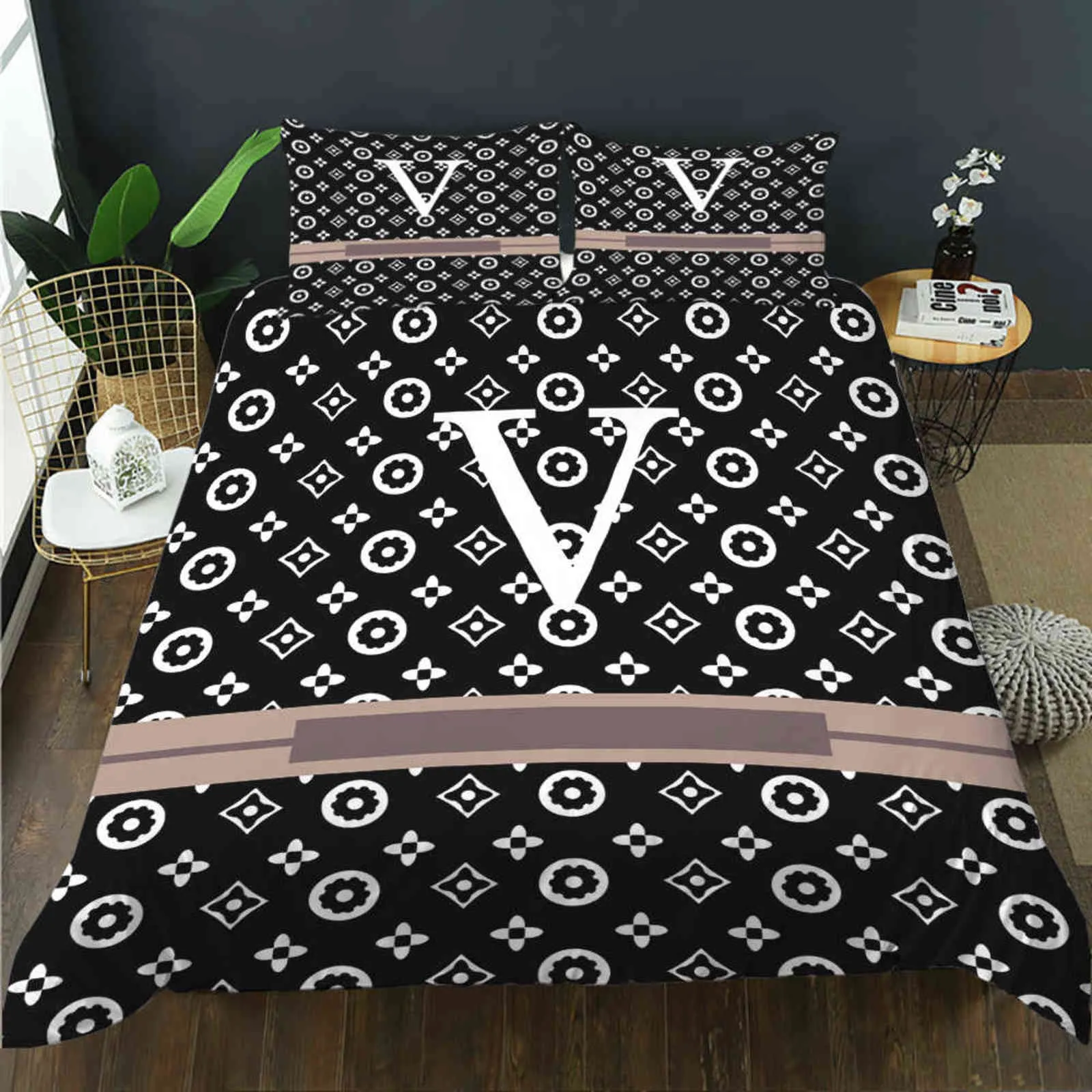 Modisches King-Size-Designer-Bettwäsche-Set mit 3-teiligem Bezug aus Seide mit Buchstabendruck