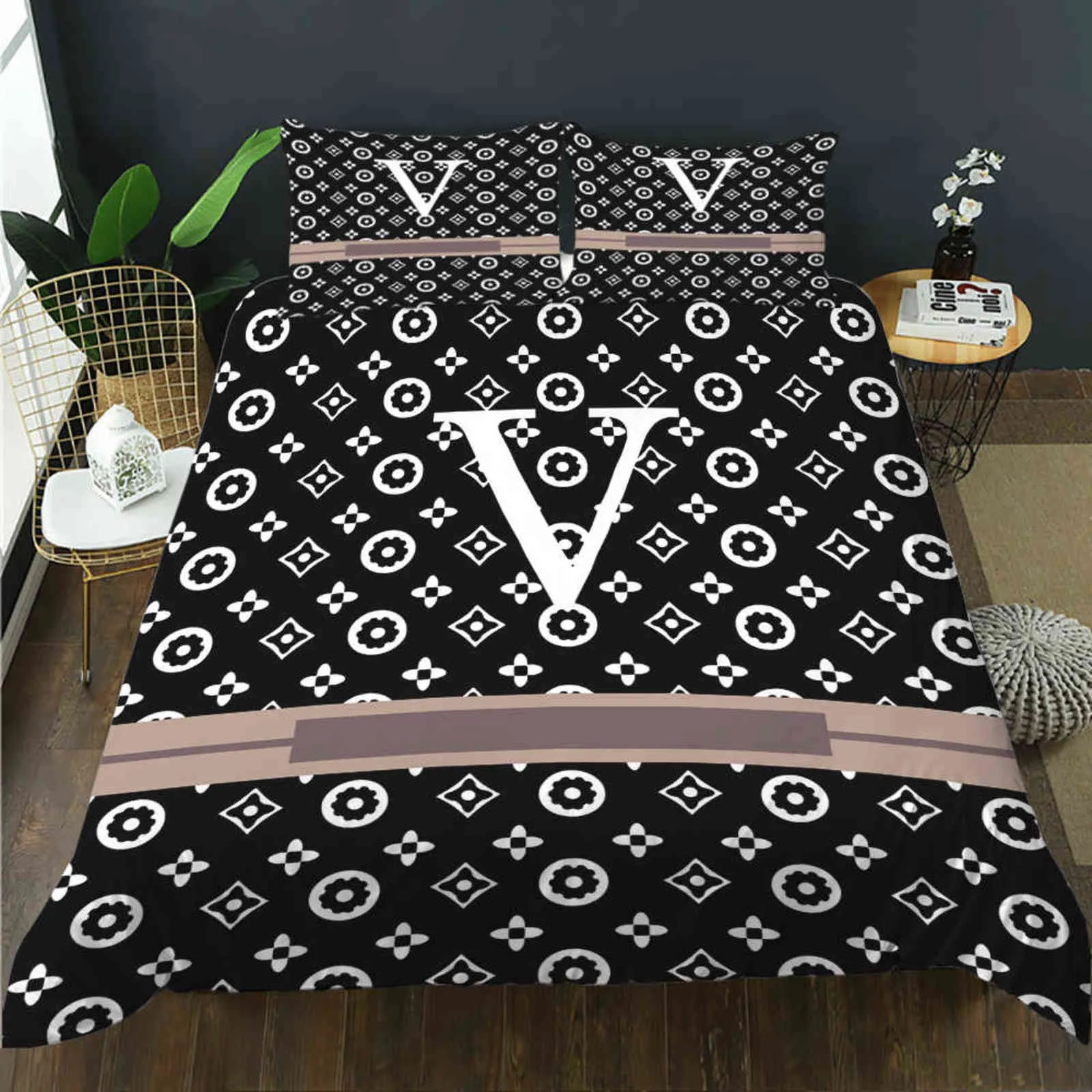 Mode King Size Designer Beddengoed Set Covers 3 Stuks Letter Bedrukt Zijde