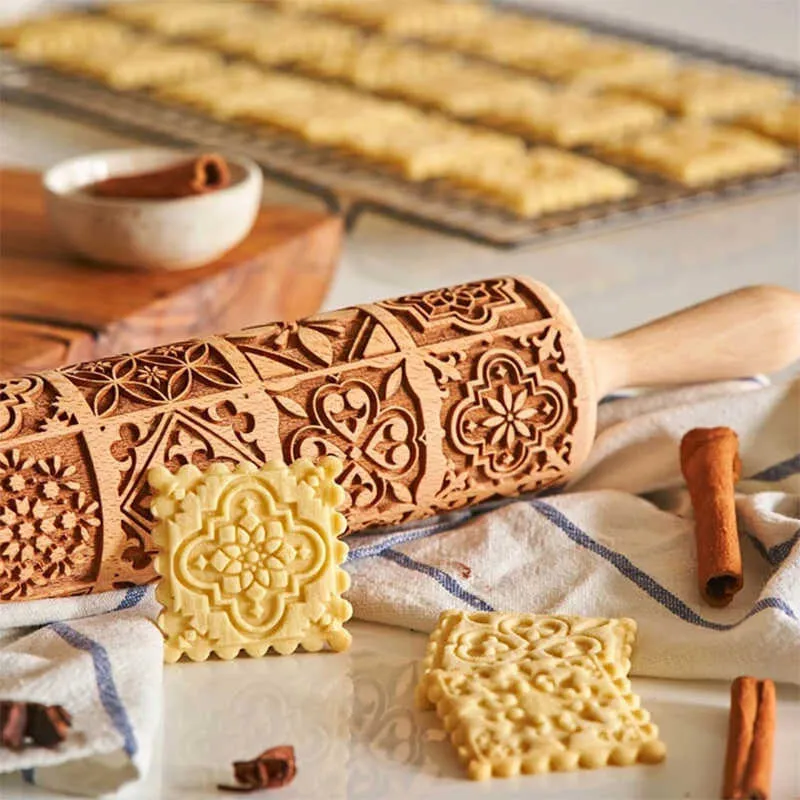 Noel Rolling Pins Kaya Kar Tanesi Elk Ahşap Haddeleme Kabartma Pişirme Çerezler Bisküvi Fondan Kek Desenli Rulo 35 * 5 cm 211008