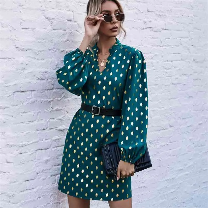 Mode Vintage V-hals Polka Dot Mini Jurk voor Womens Herfst Chiffon A-lijn Zwart Lange Mouw Sexy Elegante Jurk Volledige Zomer 210508