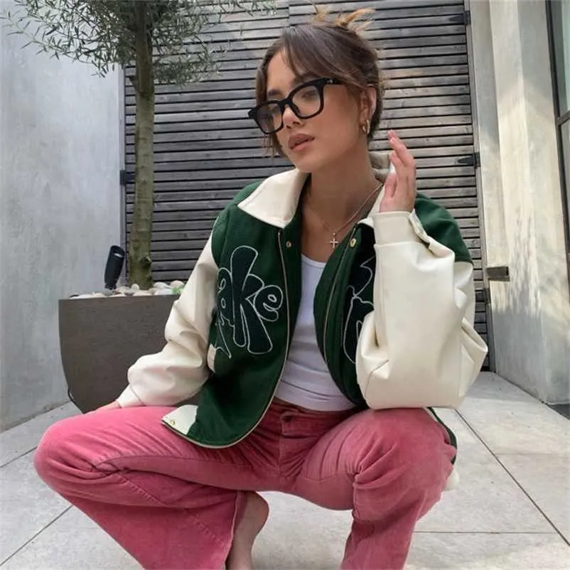 House of Grass Green Sunny Jacket Dames PU Lederen Jas Baseball Jassen Bovenkleding Top Neem een ​​Trip Letter Applique Bomber Jacket 211112