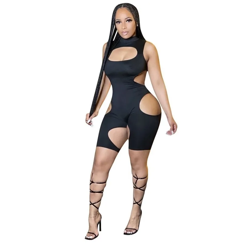 Product All Black Side Hollow Out Trendy Chic Holiday Party Women Jumpsuits Romper Bodycon Playsuits Gym Clothing 210525