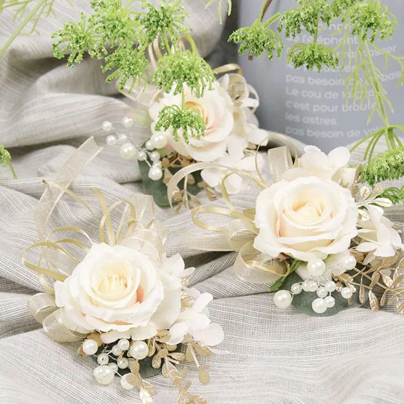 Dekorativa Blommor Kransar Bröllop Tillbehör Bride Groom Corsage Hand Flower Rose Wrist Brosch Party Tillbehör Konstgjord Champagne