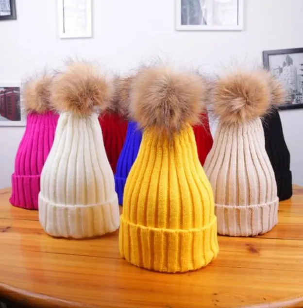 Gorro de punto de invierno para mujer, pompón cálido, gorro de lana con bola de pelo grande, gorro de calavera para mujer, gorros sólidos para exteriores para mujer