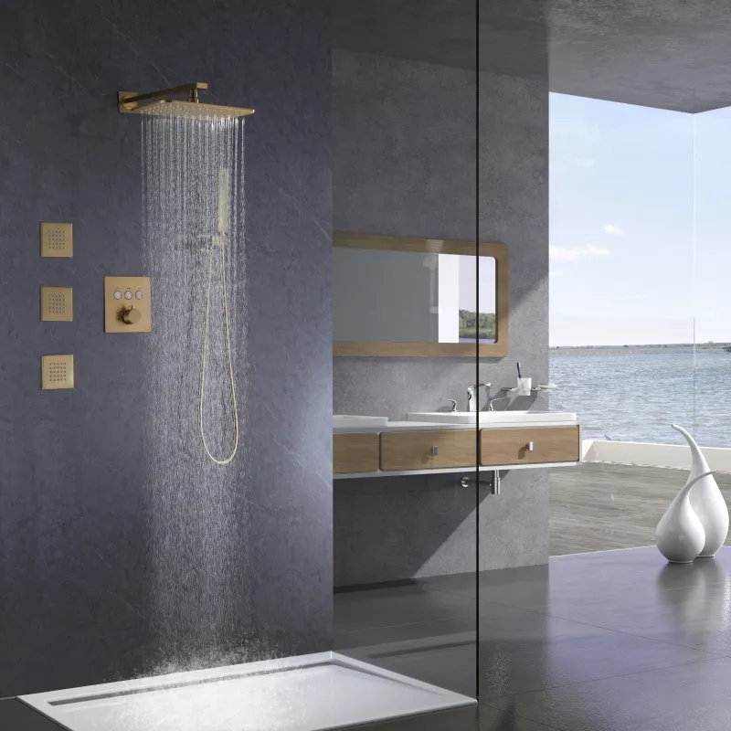 Szczotkowane złotą łazienkę krany prysznicowe zestaw na ścianie głowica prysznicowego termostatyczne opady deszczu dupek