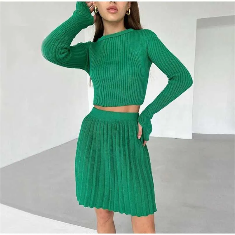 Knitted Suit With Skirt Women Solid Autumn Mini Pleated Skirt And Long Sleeve Slim Crop Pullover Lady 2 Pieces Sets Fashion 211108