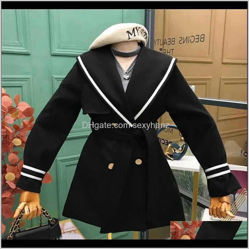 women`s fashion mid-length waist woolen coat new winter navy collar double-breasted padded quilted cloth