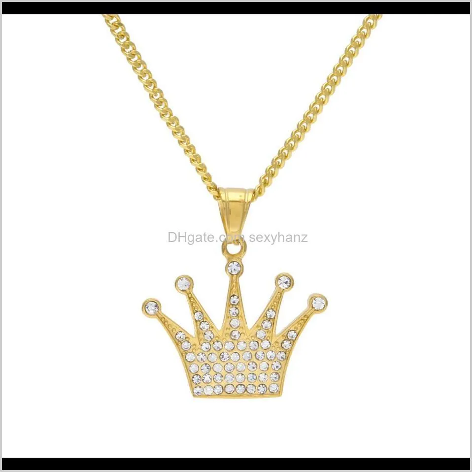 Necklaces & Pendants Drop Delivery 2021 Stainless Steel Crown Pendant Gold Men Women Titanium Iced Out Bling Rhinestone Crystal Hip Hop Neckl