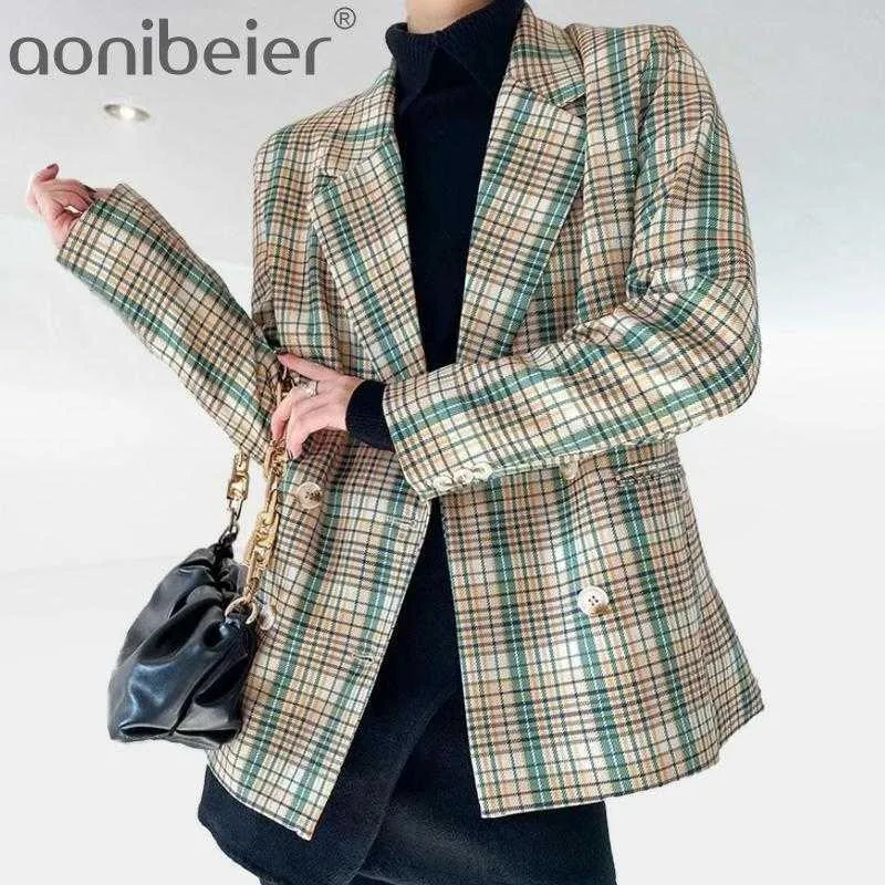 Vinatge Woman Green Plaid Patchwork Blazer Coats Spring Ladies Outwear Female Elegant Streetwear Urban Outfits 210604