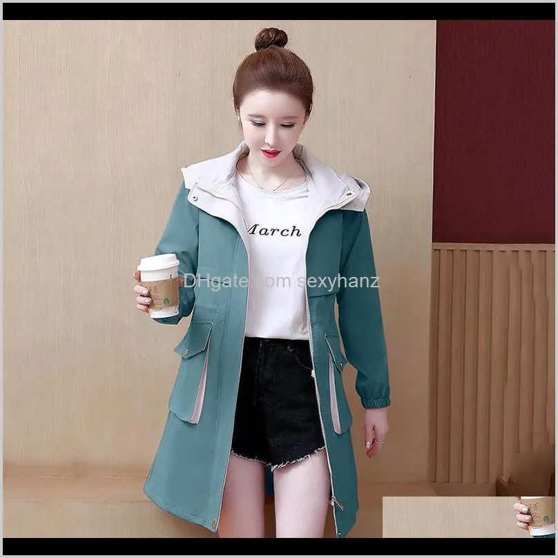 windbreaker woman mid-length spring autumn coat ladies new korean fashion slim hooded waist casual trench coat women outerwear1