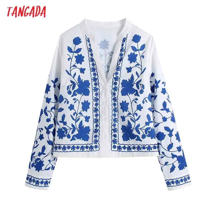 Mujeres Retro Azul Estampado floral Romántico Cultivo Blusa V Cuello Manga larga Chic Mujer Camisa Tops CE225 210416