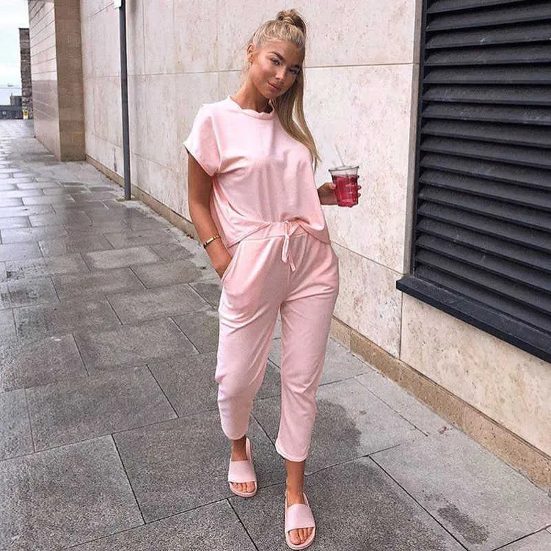 Lounge Wear Summer Pink Two Piece Outfits Pants Set Tracksuit Women  Vetement Femme T Shirts Conjunto Mujer Moda 2020 Plus Size Y0702 From  Mengqiqi05, $15.77